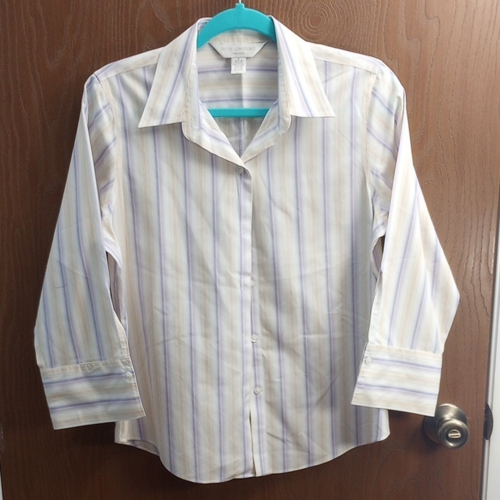 Petite Sophisticate Beige and Lavender Striped Shirt